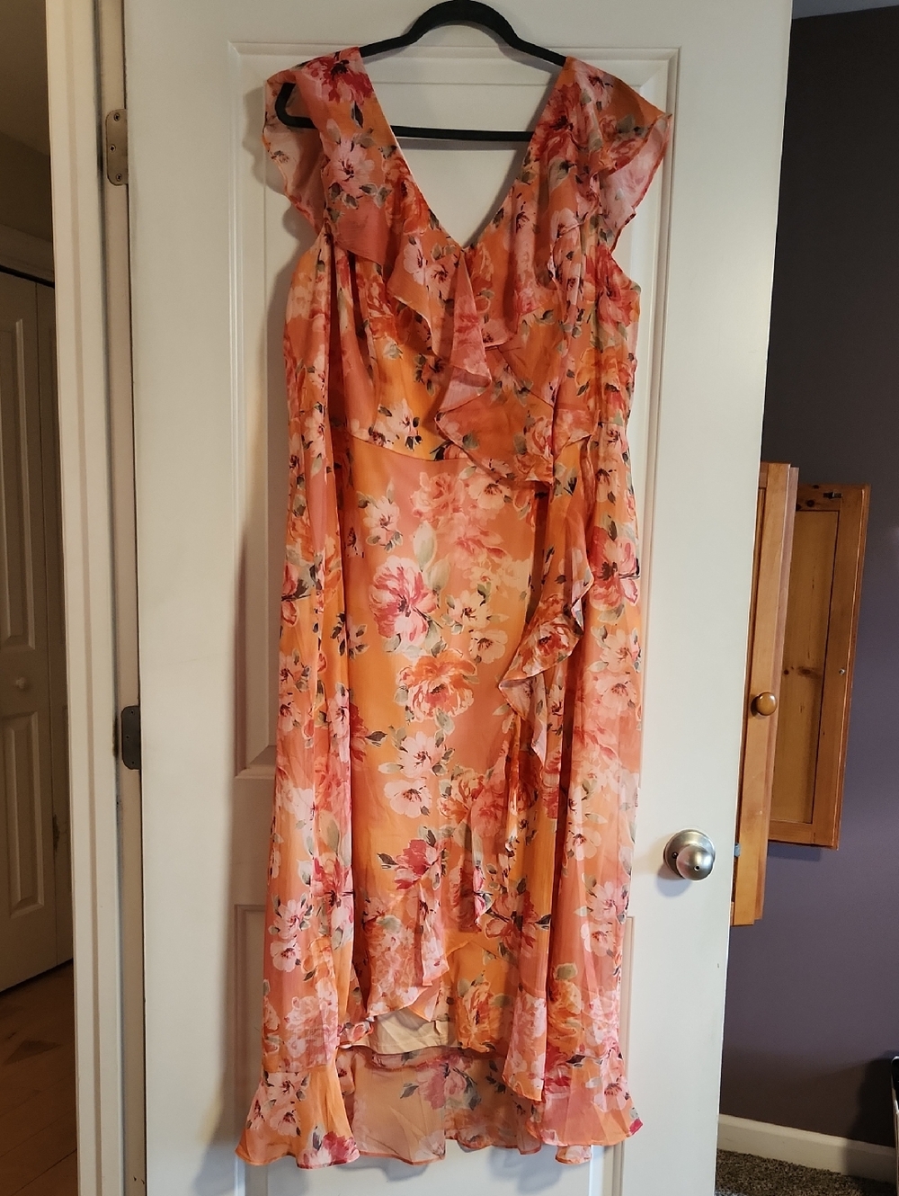 Floral Ruffled V-Neck Maxi Dress in Peach Apricot HIGH LOW